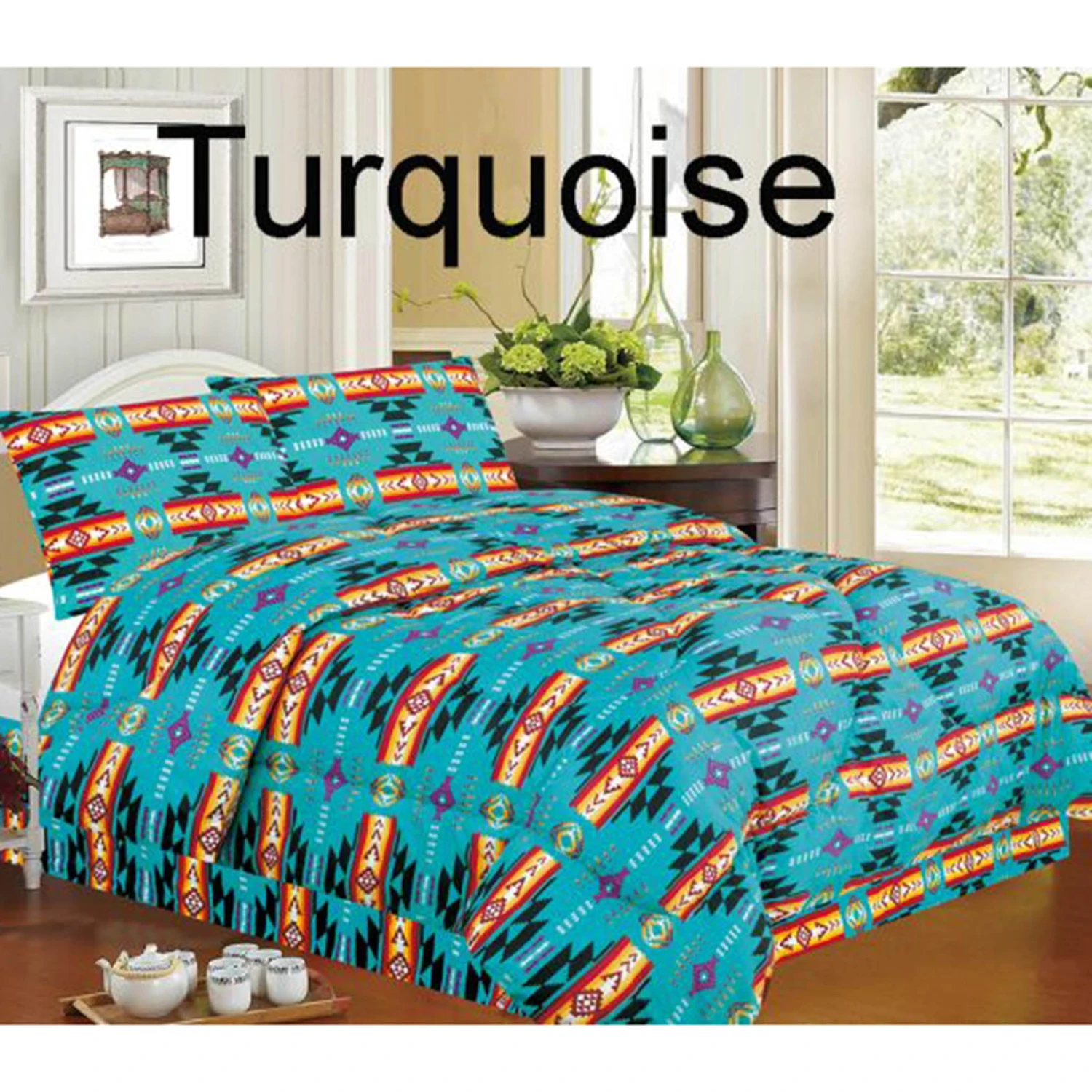 Southwest 4 Pc Queen Luxury Comforter Set - Turquoise 3 Southwest 4 Pc Queen Luxury Comforter Set - Turquoise