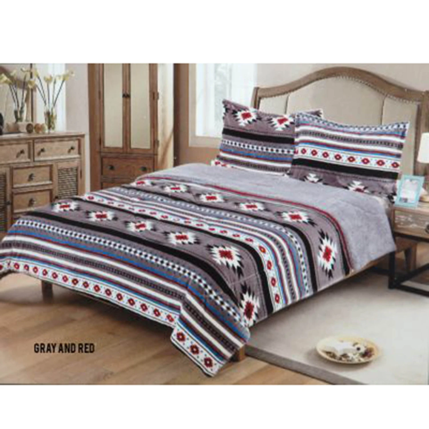 Southwest 3 Pc King Comforter Set - Gray & Red 3 Southwest 3 Pc King Comforter Set - Gray & Red