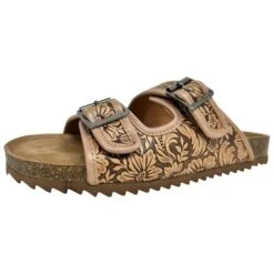 Tan Tooled 2 Strap Sandals