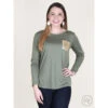 Olive Long Sleeve Sequin Pocket Tee