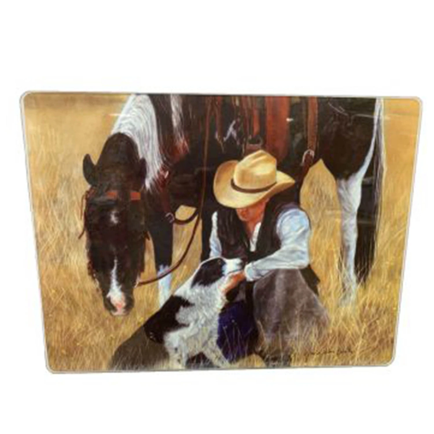 Cowboy Kneeling With Horse Glass Cutting Board 3 Cowboy Kneeling With Horse Glass Cutting Board