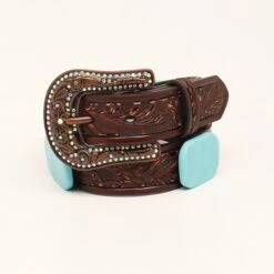 Angel Ranch Kids Sanded Embossed Turquoise Stone Brown Belt