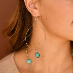 Silver Wire Hoop With Turquoise Charm Earrings -Western Cowboy Equipment E783
