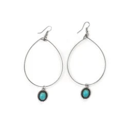 Silver Wire Hoop With Turquoise Charm Earrings -Western Cowboy Equipment E783a