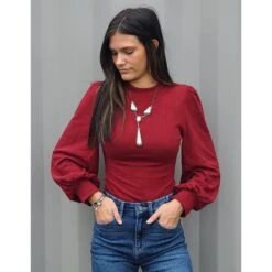 Puff Sleeve Body Suit - Available In Black, Off White, & Wine -Western Cowboy Equipment GT3048c