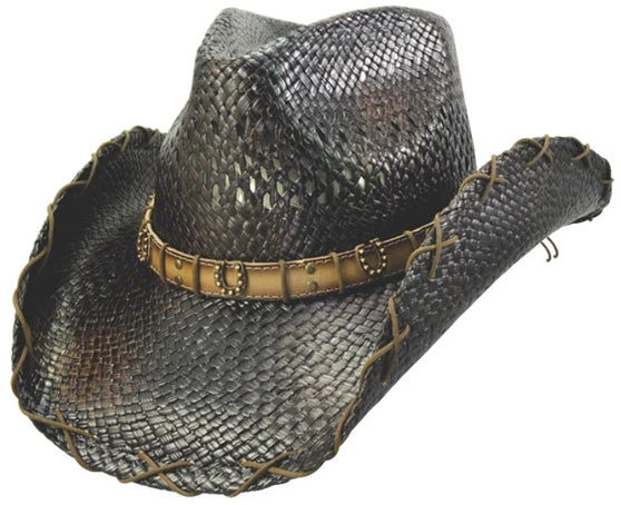 Dark Tea Stained Straw With Horseshoe Accented Hatband 3 Dark Tea Stained Straw With Horseshoe Accented Hatband