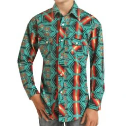 Rock & Roll Boy's Aztec Teal Poplin Shirt