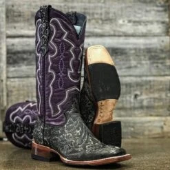 Tanner Mark Women's Rustic Charcoal With Purple Volcano Tops Square Toe Boots -Western Cowboy Equipment TML207096